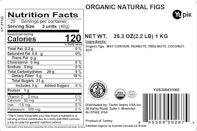 Yupik Organic Natural Figs 2.2 lb (35.2 oz) Gluten-Free Non-GMO Vegan Whole Dried Fruits Naturally Sweet No Sulphites No Added Sugar Good Source of Fiber Healthy Snacks Ideal for Baking