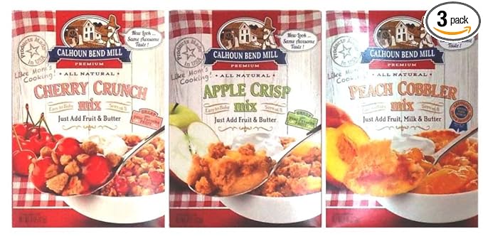 Calhoun Bend Mill All Natural Dessert Mix 3 Flavor Variety Bundle: (1) Calhoun Bend Mill Peach Cobbler Mix (1) Calhoun Band Mill Apple Crisp Mix and (1) Calhoun Bend Mill Cherry Crunch Mix 8 Oz. Ea