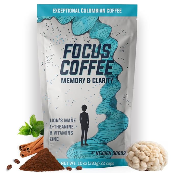 NexGen Goods Focus Coffee :Brain Boosting Nootropic Organic Mushroom Coffee with Lion’s Mane &amp Adaptogens – Premium Colombian Ground Coffee for Mental Clarity &amp All Day Energy Boost | 22 Servi