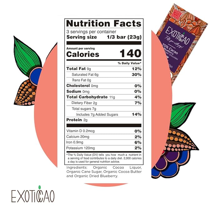 EXOTICCAO 8 Pack Blueberry Organic Dark Chocolate Bars|Cane Sugard|Gluten-Free Vegan Non GMODairy free Soy Free|70% Cacao|2.47 oz Each