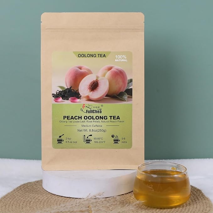 FullChea - Taiwan Peach Oolong Tea Loose Leaf - 8.8oz / 250g - Dongding High Mountain Blossom Tea - Gaoshan Ulong Green Tea - Blend with Natural Edible Rose Petals - Medium Caffeine