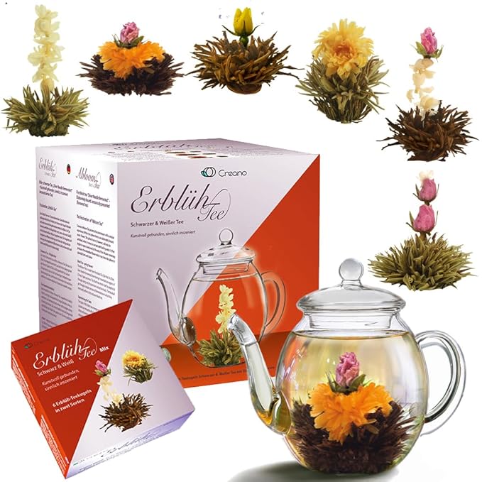 Creano Blooming Tea Gift Set with Glass Pot 17oz/500ml with 6 Flowering-Tea each 3pcs White &amp Black Tea
