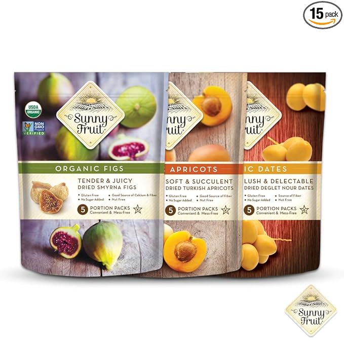 Sunny Fruit Organic Dried Fruit Assortment - Dates Figs &amp Apricots Variety 3 Bags (15 Individual Portion Packs) | No Preservatives No Sugar Added | ORGANIC NON-GMO VEGAN HALAL KOSHER