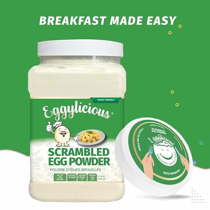 Eggylicious - PACK of 4 - Egg Scramble Mix – Made w/Hormones Free Whole Eggs/Protein Packed –Easy &amp Delicious Breakfast - For Outdoors/Camping/Backpacking – Preservatives Free-Easy Storing 1 lb Ja