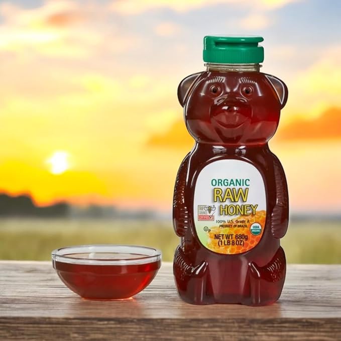 Organic Raw Honey 3-Pack (24 oz Each) – 100% Grade A USDA Organic Product of Brazil Honey Bear Plastic Jars 72 oz Total
