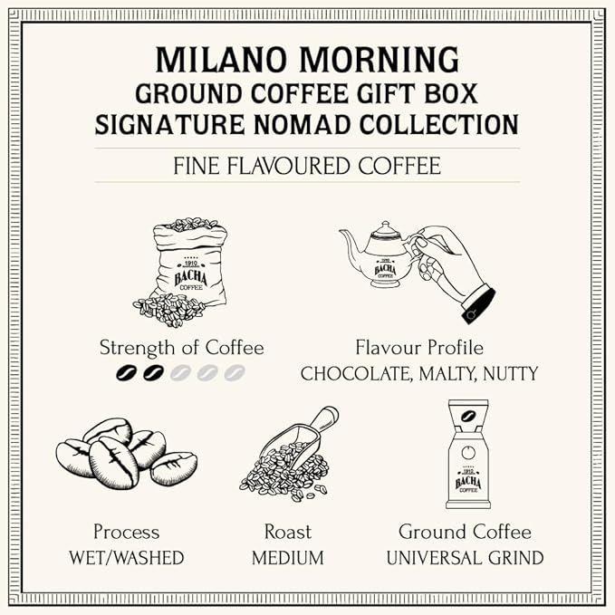 Bacha Coffee | Milano Morning Fine Flavoured Ground Beans Medium Roast 100% Arabica Specialty Coffee 250g Signature Nomad Collection Gift Box