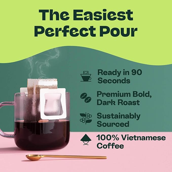 Copper Cow Coffee Premium Pour Over Single-Serve Vietnamese Coffee Pouches (24 pack) | Vanilla | Dark Roast | Flavored with Vanilla Beans | Convenient Vietnamese Ground Coffee Packets Travel Friendly