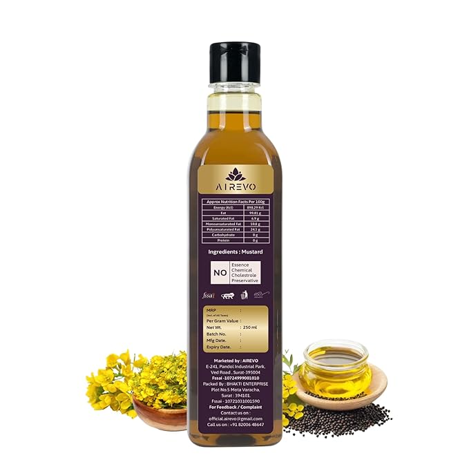 AIREVO Unrefined Wood Pressed Black Mustard Oil – Kolhu/Kacchi Ghani/Chekku/Marachekku Cold Pressed – Pure &amp Chemical-Free – Kachi Ghani Sarso Tel – Rich In Nutrients – (250ML)