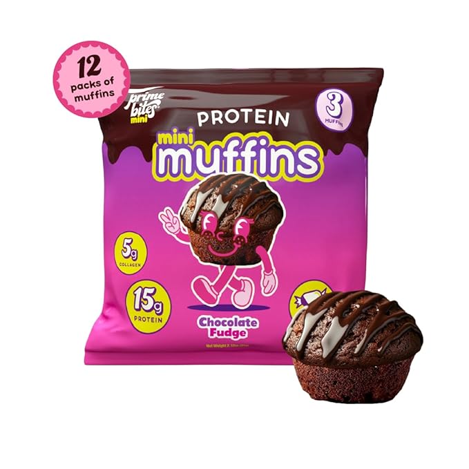 Prime Bites Minis - High Protein Muffin (12 Per Box Chocolate Fudge) - 15g of Protein 5g of Collagen Gluten Free Low Sugar Treat Delicious Protein Snack