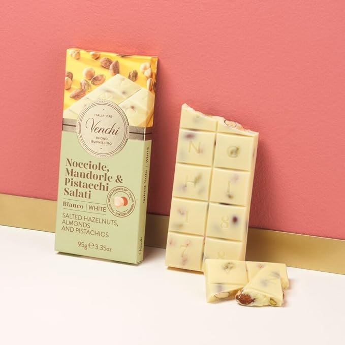 Venchi - Bundle of 6 White Chocolate with Salted Nuts Bars - with Hazelnuts Pistachios and Almonds 21.16 oz - 3.52oz each bar - Gluten Free - Family Pack