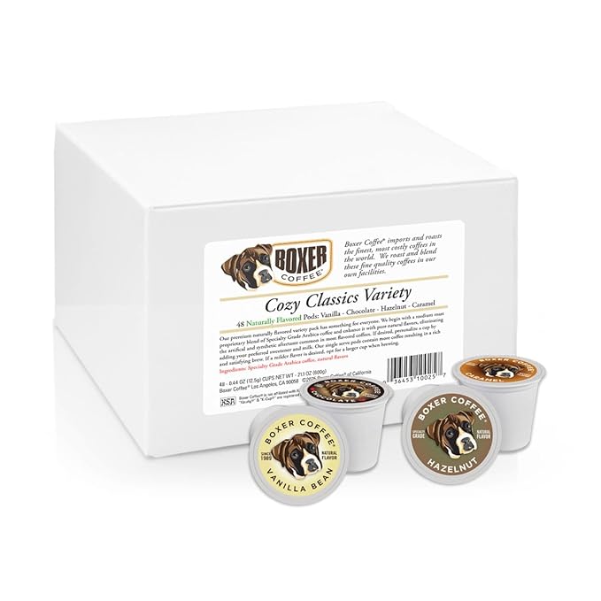 Boxer Coffee Cozy Classics Variety Naturally Flavored Pods compatible with Keurig K-Cup 48 count - Vanilla Chocolate Hazelnut Caramel