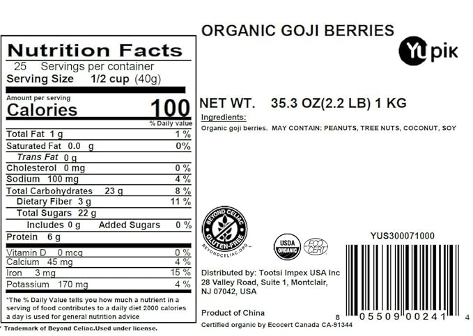 Yupik Organic Dried Goji Berries 2.2 lb (35.2 oz) Gluten-Free Non-GMO Vegan Dried Fruits Wolfberries Sulphite-Free Superfood High in Vitamin A &amp C Source of Fiber Ideal for Baking