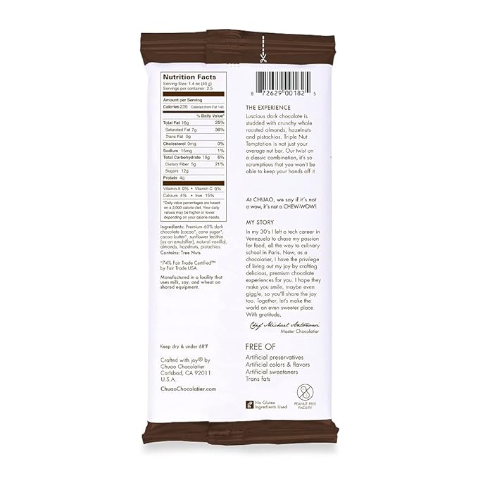 Chuao Chocolatier Triple Nut Temptation Dark Chocolate Gourmet Bars | For Gift Baskets Birthday Thank You Care Package | 10 Pack 2.8 oz Each