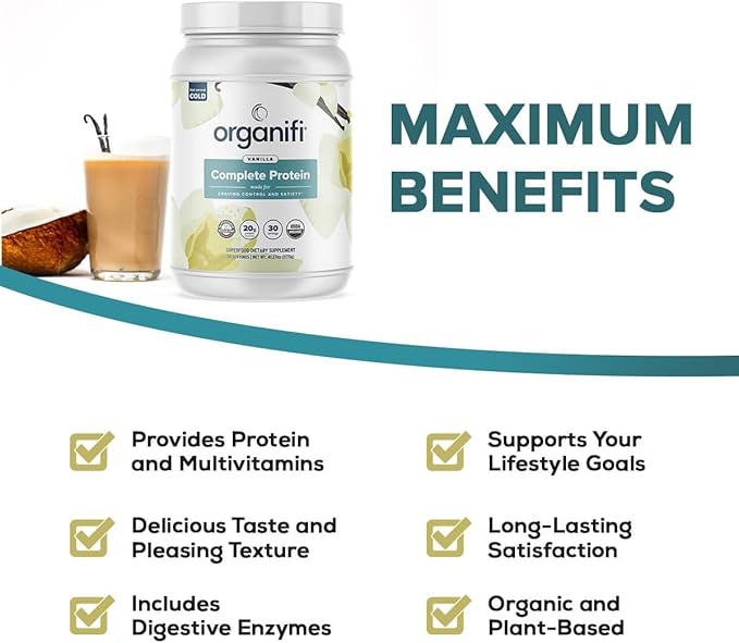 Complete Protein Vanilla Flavor - Organic Vegan Plant Based Protein Powder with Enzymes - 30 Day Supply - No Soy Dairy or Gluten (Vanilla Pack of 1)