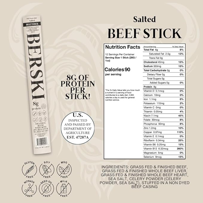 BERSKI Bundle Salted + Salt &amp Pepper Beef Sticks – 100% Grass-Fed Grass-Finished – Ancestral Blend with Liver &amp Heart – Keto Paleo – Regeneratively Raised USA Beef – 2 Pack (1oz Sticks)