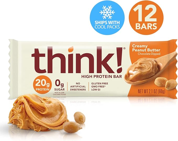 Think! Protein Bars High Protein Snacks Gluten Free Sugar Free Energy Bar with Whey Protein Isolate Creamy Peanut Butter Nutrition Bars without Artificial Sweeteners 1 Box (Pack of 2)