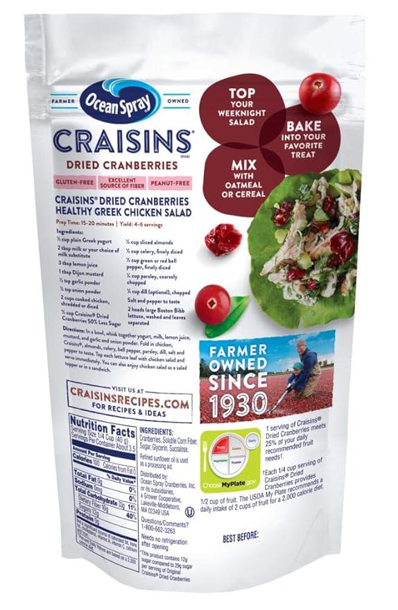 Ocean Spray® Craisins® 50% Less Sugar Dried Cranberries Dried Fruit 5 Oz Pouch (Pack of 12)
