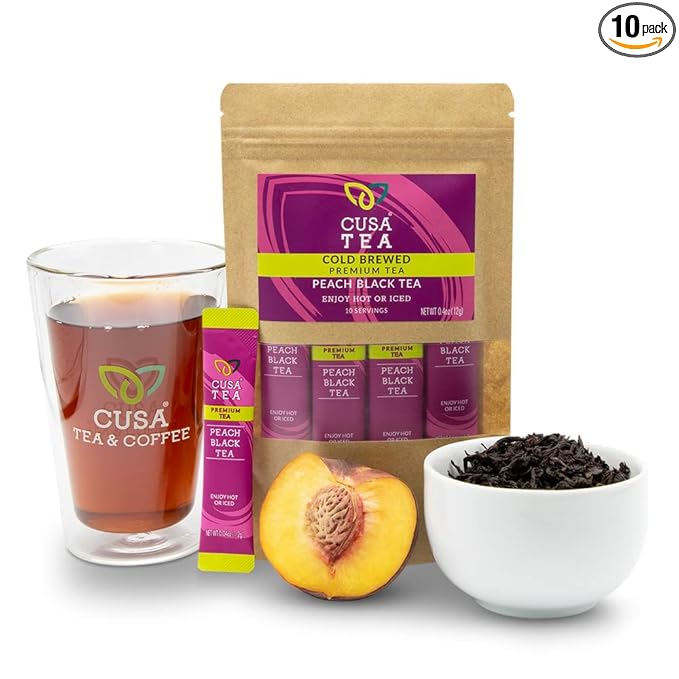 Cusa Tea &amp Coffee | Premium Instant Peach Black Tea With Real Fruit &amp Spices | Organic Leaves Drink Mix Packets | Hot or Iced Tea (10 Single Servings)