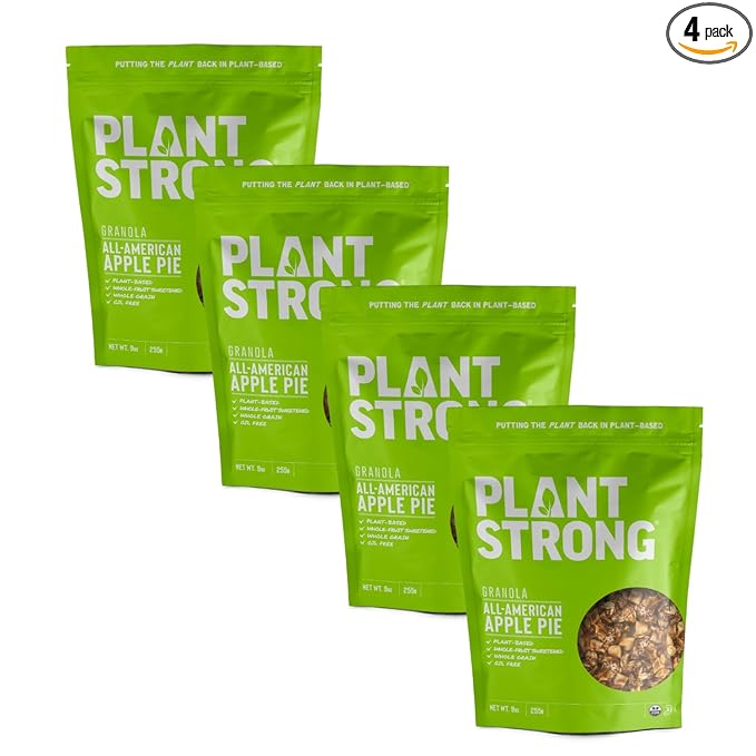 PLANTSTRONG All-American Apple Pie Granola – Whole Grain Oil-Free Granola with Chewy Dried Apples Sweetened Only with Dates Made from Whole Plants Crunchy Breakfast or Snack (4-Pack (9 oz Bags))