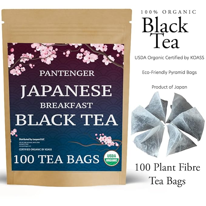 Organic Black Tea | 100 Tea Bags - Fine Japanese Breakfast Tea | Full Leaf Black Tea Organically grown in Japan Caffeinated | By Pantenger.