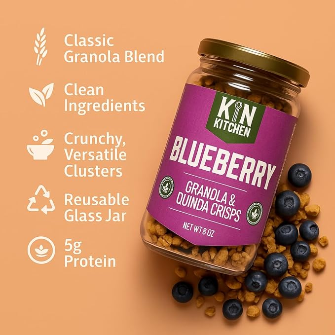 Kin Kitchen non-GMO Granola &amp Organic Quinoa Crisps in a Glass Jar Recyclable and Resusable. Made with Real Fruit. No Aritificial Colors Flavors or Perservatives. Made in USA with Globally Sour