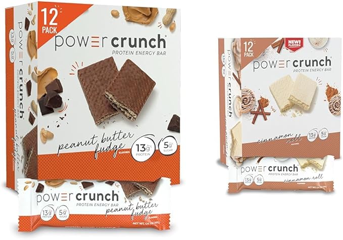 Power Crunch Protein Wafer Bars High Protein Snacks Peanut Butter Fudge 1.4 Ounce (12 Count) and Cinnamon Roll 1.4 Ounce (12 Count)