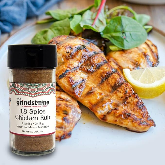 The Grindstone Chicken Rub 18 Spices Perfect for grilling tandoor roast broil 3.50 oz. Glass Jar Pack of 2