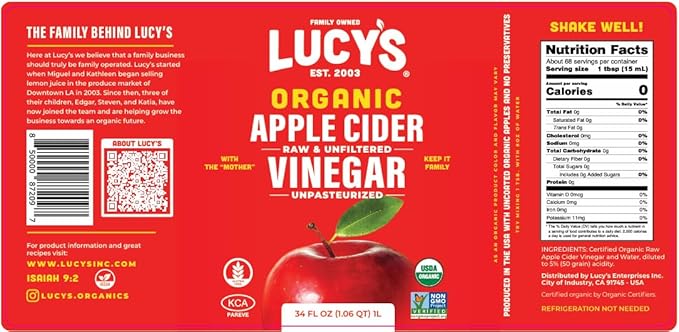 Lucy's Family Owned - USDA Organic NonGMO Raw Apple Cider Vinegar Unfiltered Unpasteurized With the Mother 34oz GLASS Bottle