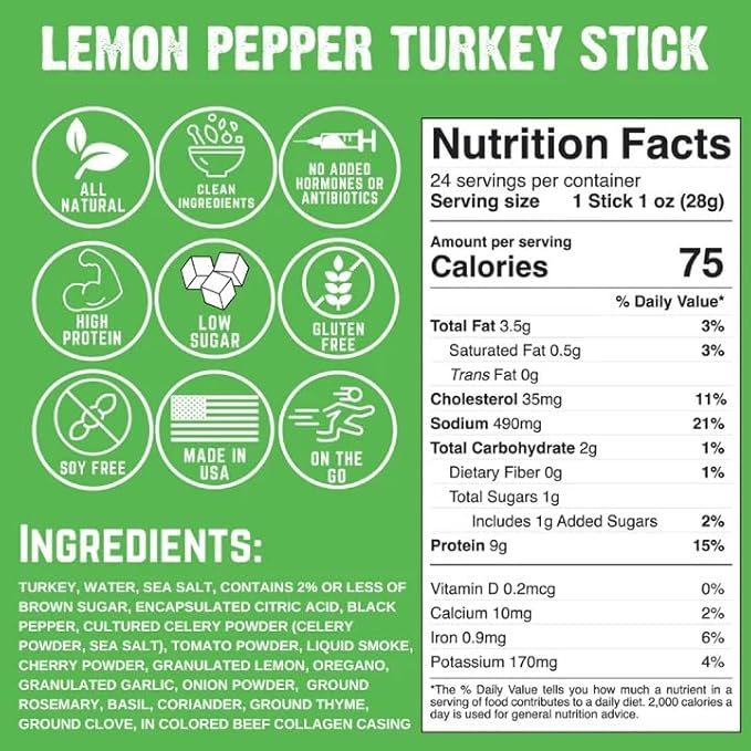 Righteous Felon Meat Sticks | 100% Turkey | 9g Protein per Stick | Keto Gluten-Free Low Sugar High Protein Snack Sticks | Individually Wrapped | Lemon Pepper Turkey Sticks 24 Count