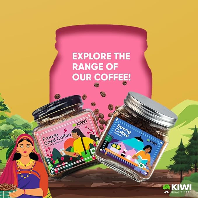 Kiwi Kisan Window - Freeze Dried Instant Coffee150gm (80+ Cups) | 100% Arabica Beans | Bold &amp Rich Taste | No Chicory - No Preservatives | Perfect for Hot &amp Cold Coffee