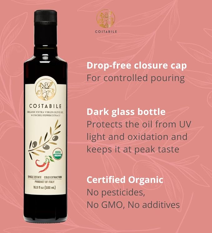 Chilli oil. Spicy Extra Virgin Olive Oil from Puglia Italy Infused with Organic Hot Red Peppers. Perfect as Spicy Vegan Chili Dressing - COSTABILE 16.9 Fl. Oz.