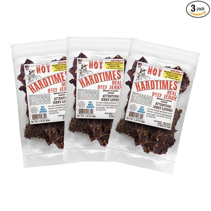 Hardtimes Handcrafted Beef Jerky - Hot Flavor - 3 Pack of 2.25 oz. Bags