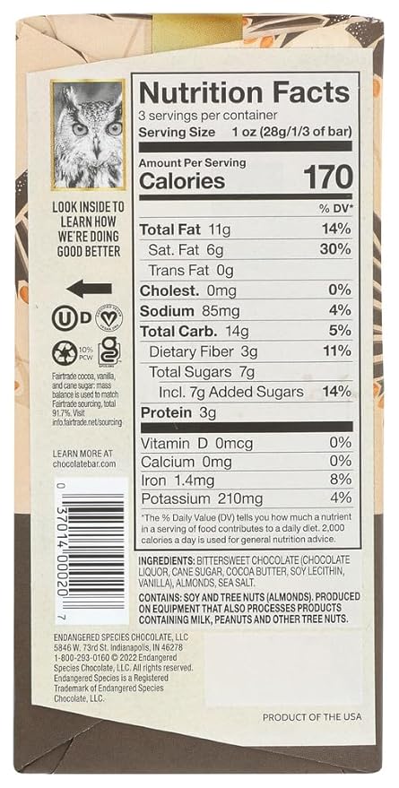 Endangered Species Owl Dark Chocolate with Sea Salt and Almonds 3 Ounce (Pack of 12) by Endangered Species