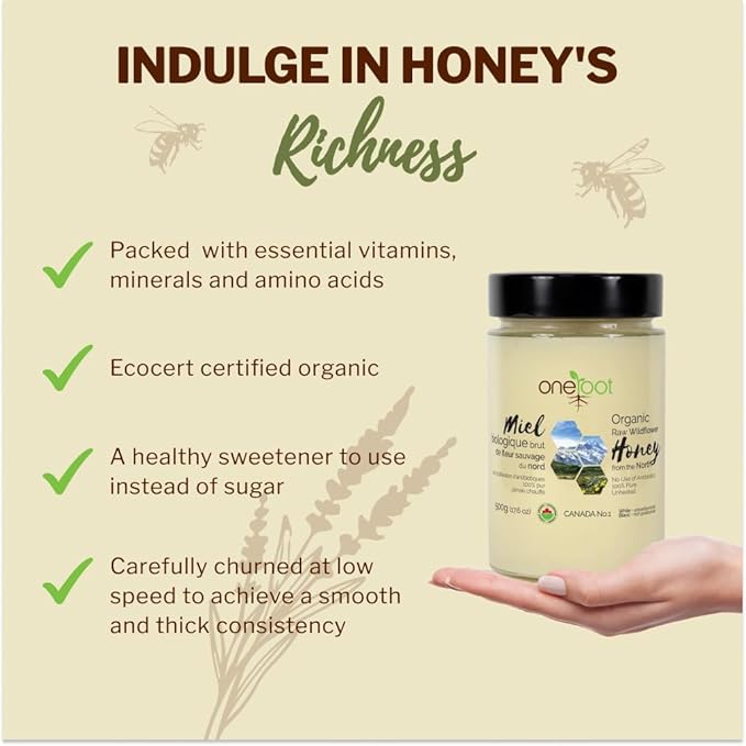 Oneroot 100% Organic Canadian Wildflower Honey - 17.6 Oz/1.1 Lbs Unheated &amp Creamed - Nutrient-Rich Natural Sweetener with Enzymes - Thick &amp Pure Raw Unfiltered Honey