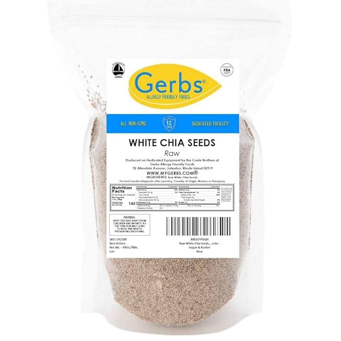 Gerbs Raw White Chia Seeds 4 lbs. | Small-Batch Packed in Resealable Bag No Artificial Additives | Mildly Nutty Flavor Ideal for Yogurt Oatmeal &amp Baking | Top 14 Allergen-Free