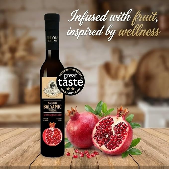 Ellora Farms Pomegranate Infused Thick Aged Balsamic Vinegar No-Added Sugar No-Preservatives Real Fruit Glass Bottle 8.45 oz.