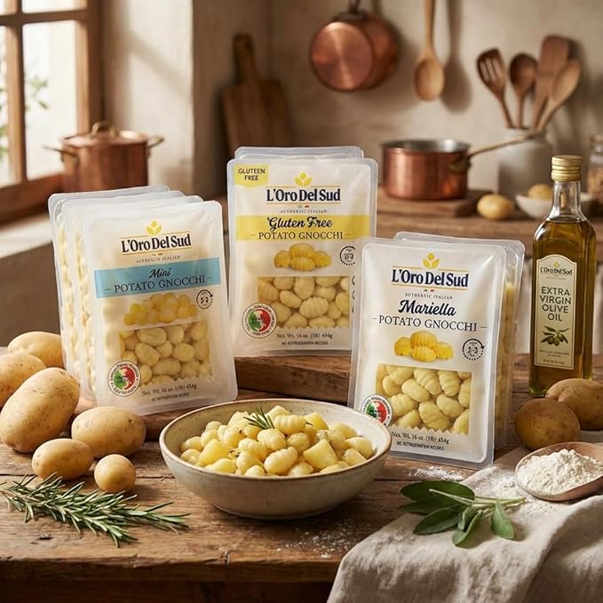L'Oro Del Sud Pack of 3 Gluten Free Potato Gnocchi Cooks in 2-3 Minutes Shelf Stable Product of Italy NON GMO Wheat Free Eggs Free Vegan
