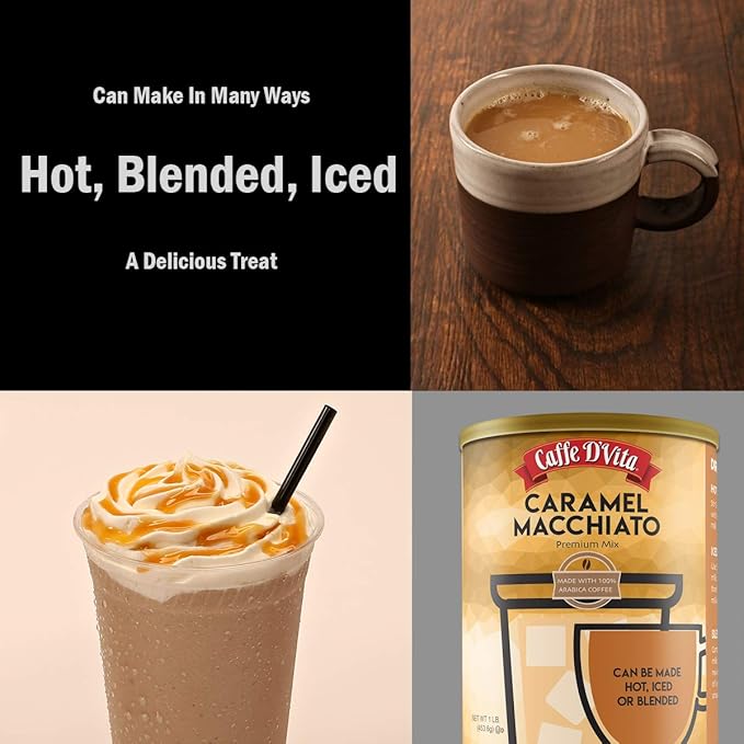 Caffe D'Vita Caramel Macchiato Coffee - Caramel Instant Coffee Latte Mix Gluten Free No Cholesterol No Hydrogenated Oils Kosher-Dairy - 1 Lb Can 2-Pack
