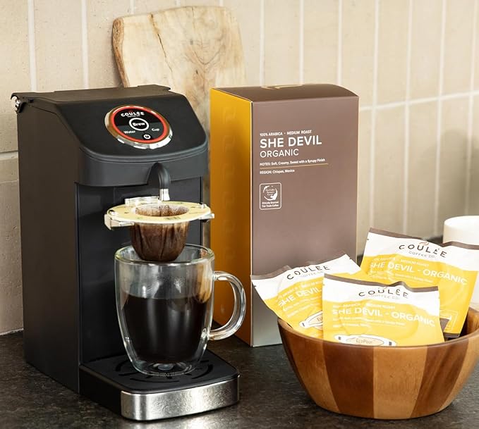 Coulée EcoPour She Devil Coffee Single Serve Pour Over Arabic Coffee Medium Roast Use for Camping or Traveling Pre Filled Compostable Filters Ready to Brew with Hot Water 20 Pack