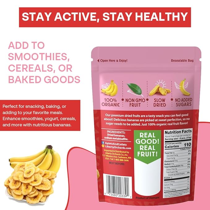 Liberty Orchard Organic Whole Dried Banana - Naturally Sweetened Dried Fruit Snack for Healthy Digestion &amp Busy Lifestyles - Delicious 6 Fresh Bananas in Each Bag - 5 Pack