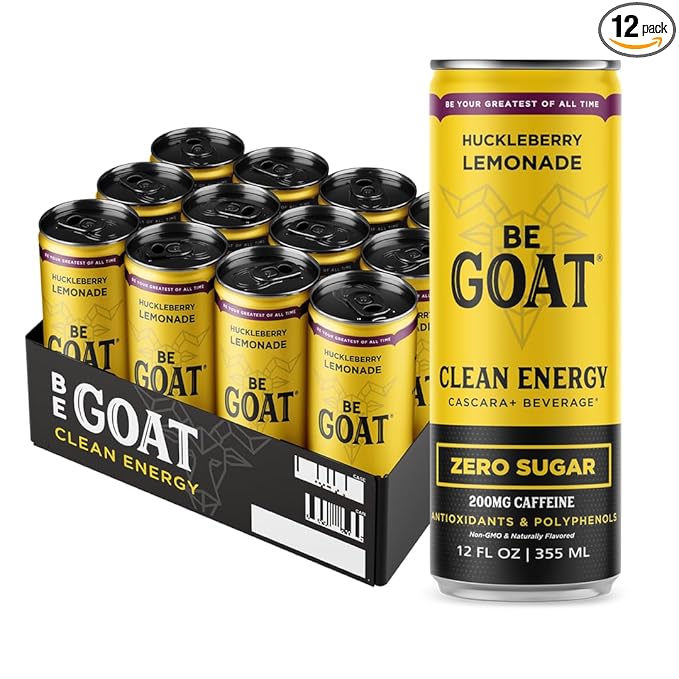 BeGOAT Clean Energy | Huckleberry Lemonade Zero Sugar | 6 Ingredients Plant-Based Zero Sugar Non-GMO Vegan | 200mg Natural Caffeine | 12 fl oz Cans (Pack of 12)