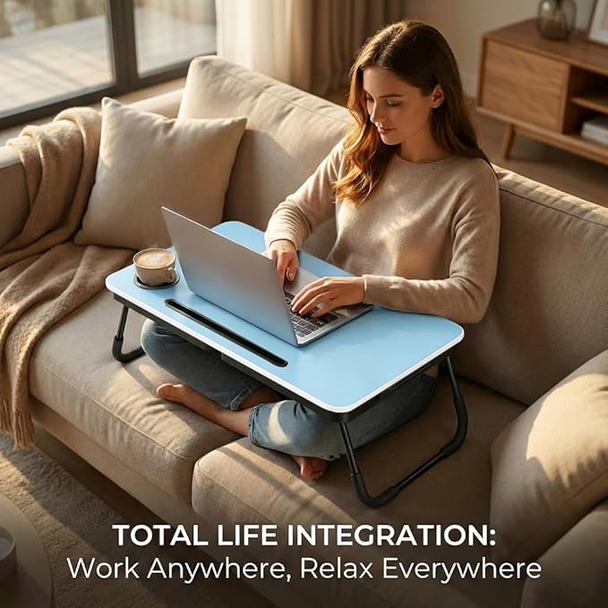 BUYIFY Foldable Laptop Bed Desk for Couch Sofa - Large Lap Desk Tray Table with Cup Holder and Tablet Slot - Portable Notebook Stand for Eating Writing Studying and WFH (Blue)