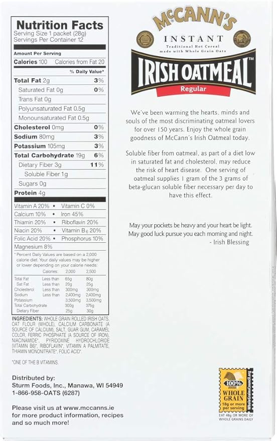 McCann's Irish Oatmeal Instant Oatmeal Regular 12 Packets 28 g Each (Pack of 3)