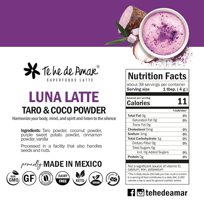 LUNA LATTE TEA TARO &amp COCO / TE HE DE AMAR. NET WT 5.3 oz (150g) 38 cups. Taro Coconut Purple Sweet Potato Cinnamon Vanilla. 100% natural pure powdered does not contain dairy bases does no