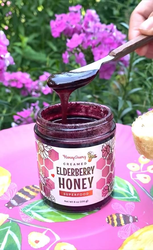 Organic Elderberry Honey - Raw and Kosher Creamed Honey and Organic Elderberry in a 3 Pack of 5.5 oz Jars Packed With Super Nutrition