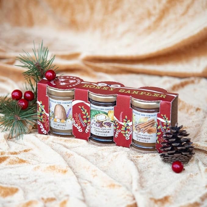 Savannah Bee Company Holiday Whipped Honey Sampler - Trio Honey Sample Set with Chocolate Cinnamon and Original