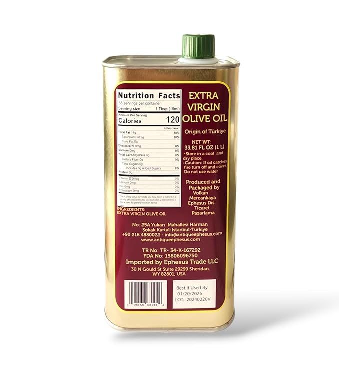 Extra Virgin Olive Oil Cold Pressed - London Award-Winning - 33.81 Fluid OunceAntique Ephesus Mediterranean Region of Ayvalik Turkey (Extra Virgin)