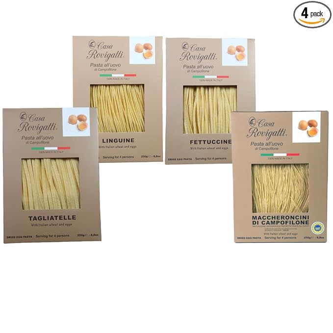 Casa Rovigatti Italian Egg Pasta Variety Pack Linguine Fettuccine Tagliatelle Maccheroncini Made in Italy 8.8 oz Each 4 Count