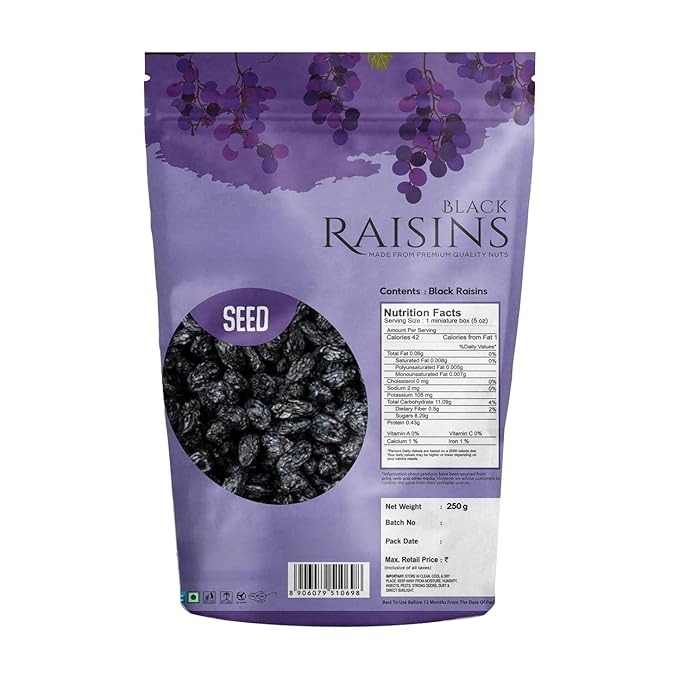 Afghani Black Raisins with seed | Kali Kishmish | Kala Munakka Dry Fruit | Kali Draksh | High in Anti-oxidants | Healthy &amp Delicious | 250g