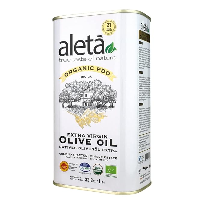 Aleta USDA Organic Greek Extra Virgin Olive Oil EU Certified Single Estate PDO Greece 1 Lt (33.8 oz.) Tin Kosher EK Pack of 1